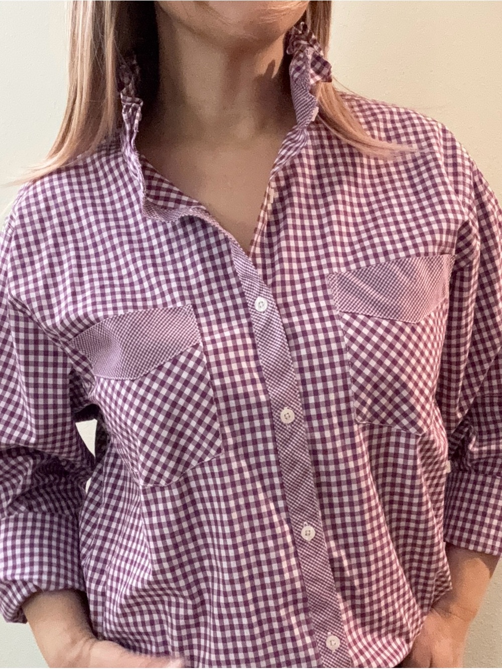 Upcycled Purple Gingham Ruffle-Collar Shirt